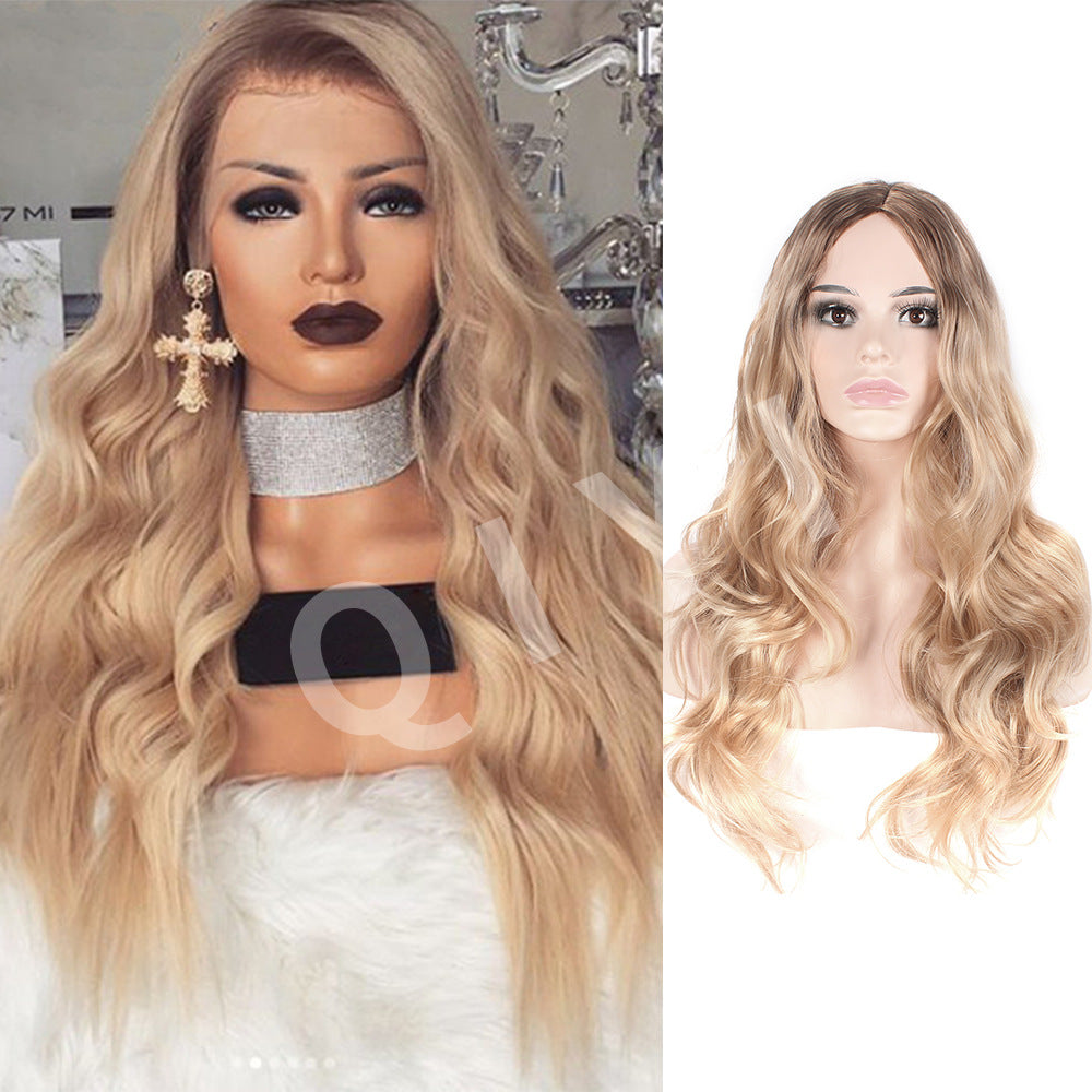 Wholesale Middle-parted gradient yellow long curly hair women's big wave rose net wig